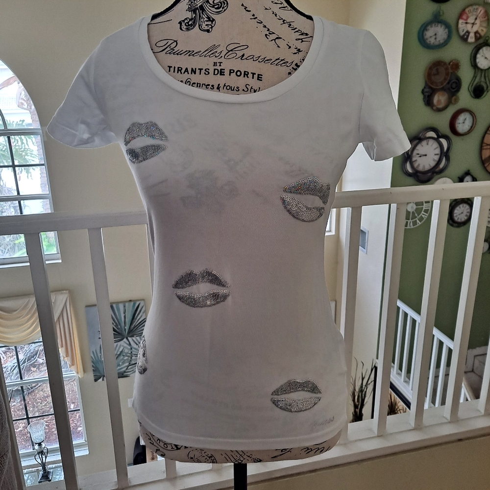Guess White With Silver Sequins Graphic Fitted T-Shirt